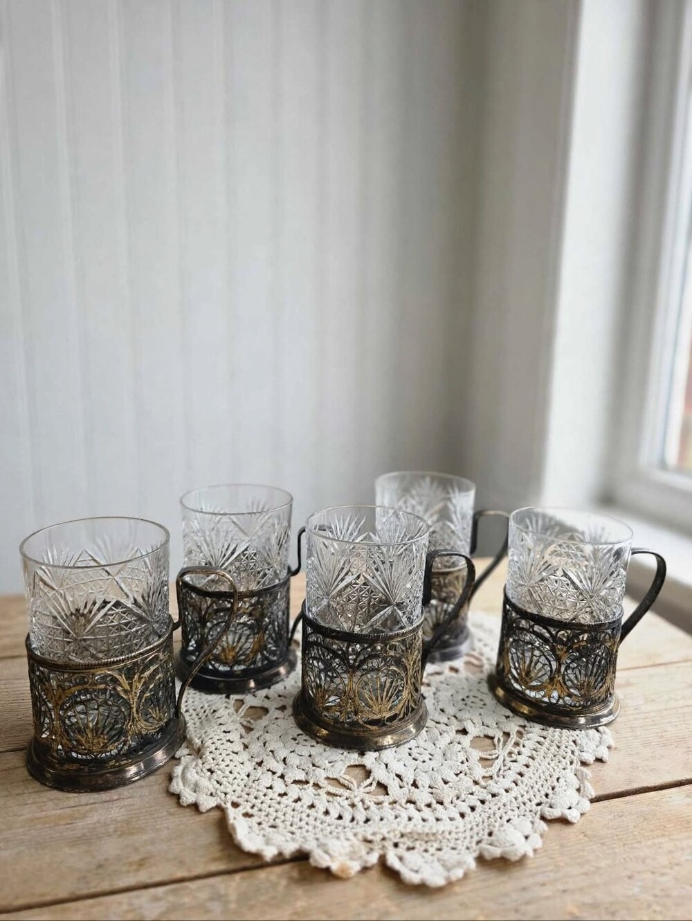 Vintage USSR Filigree Podstakannik Tea Glass Holders & Inserts - Set of 5